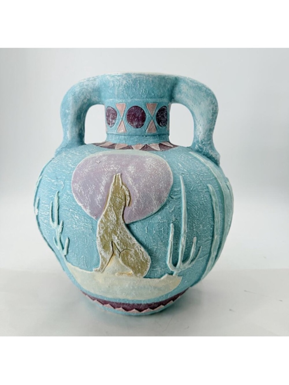 Vintage 80s Colorful Handle Pottery Vase Wolf Southwestern Aztec Decor 12” X 14”